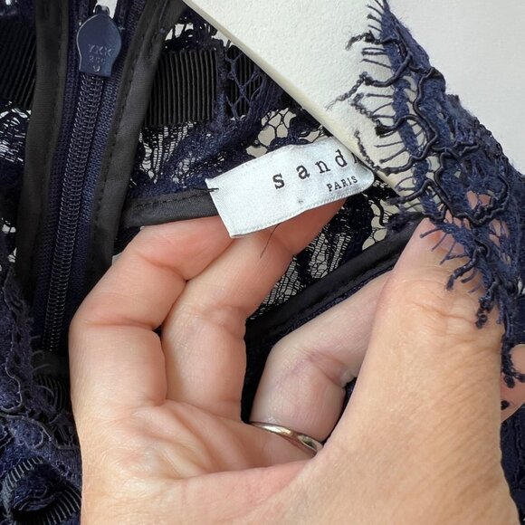 Sandro Paris Mock Neck Scalloped Mini Dress , Navy Lace, Size 2 O43 - Picture 5 of 9